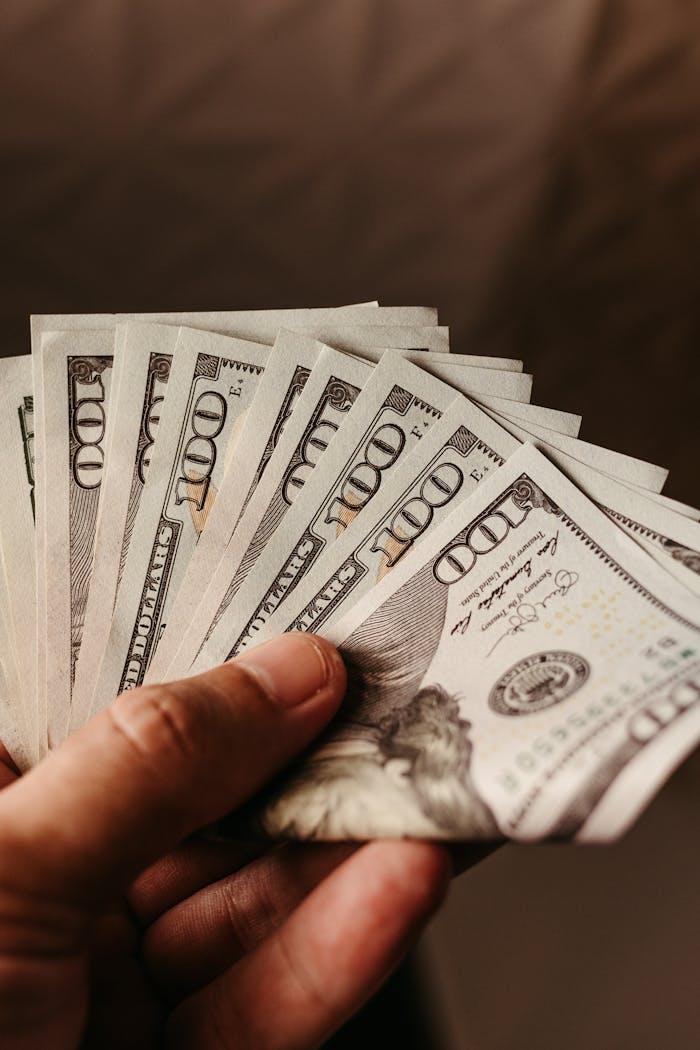 Close-up of a hand holding several hundred dollar bills, representing wealth and finance.