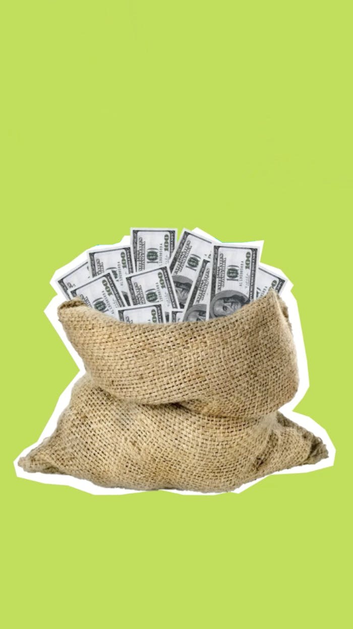 A burlap sack full of US dollar bills on a green background, symbolizing wealth and savings.